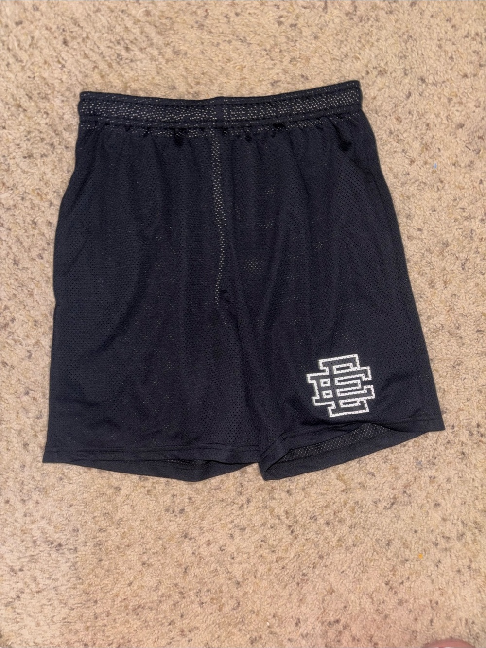Eric Emanuel Black Mesh Athletic Shorts with White Stacked Logo